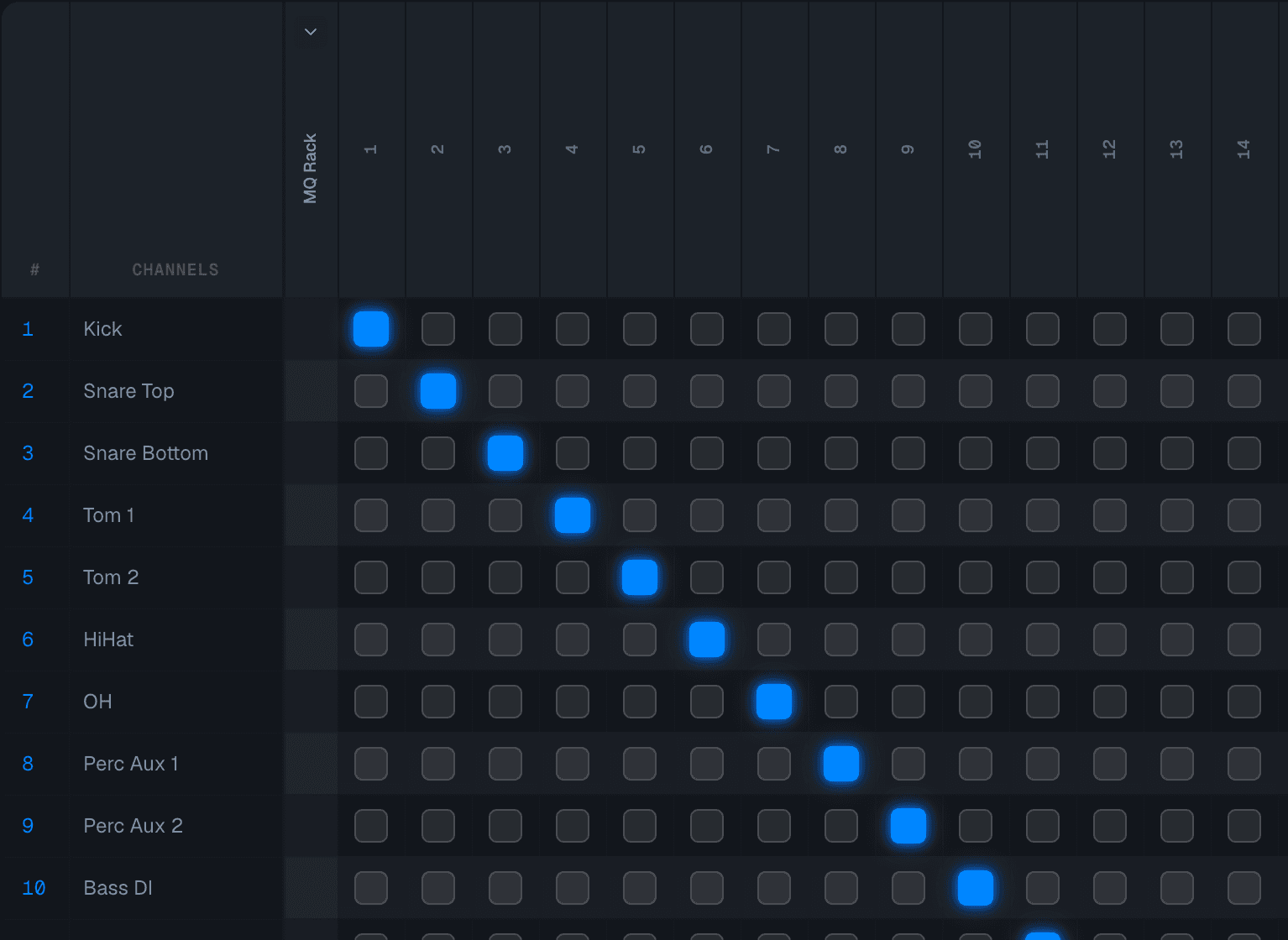 Patchy's Easy Patch grid: console input channels — Kick, Snare, Toms, HiHat, OH, Bass, guitars — patched 1:1 to an MQ Rack along a glowing diagonal.